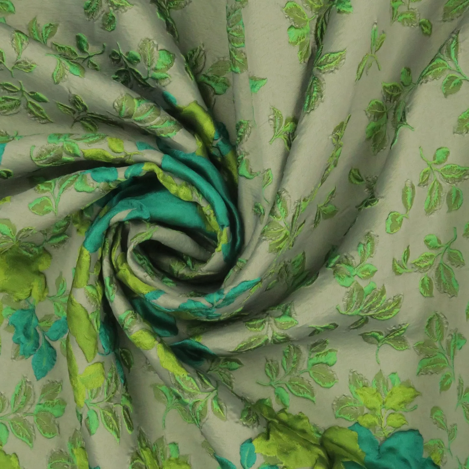 Green Floral on Gray Background Brocade Fabric